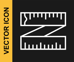 White line Tape measure icon isolated on black background. Measuring tape. Vector