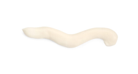 Tasty fresh mayonnaise sauce isolated on white, top view