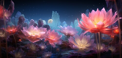 Surreal field of gigantic, translucent flowers, each petal exquisitely detailed and capturing the...