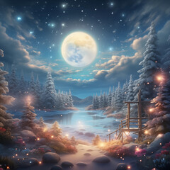 winter, moon, frost, mysticism, cold, night, dusk, forest, glade, gloomy, mysterious, mystical, sky, Christmas Eve, snow, nature