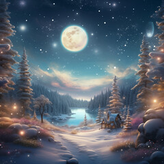 winter, moon, frost, mysticism, cold, night, dusk, forest, glade, gloomy, mysterious, mystical, sky, Christmas Eve, snow, nature