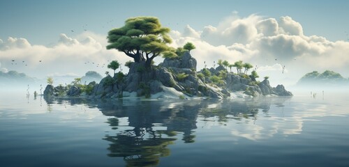 Surreal floating islands in a serene lake, each hosting a hyper-realistic miniature ecosystem, where every detail is meticulously portrayed. Serenity.