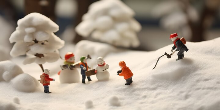 Miniature people : Snowman and children people playing around snow winter