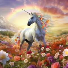 illustration of unicorn with flowers in the field created with Generative AI