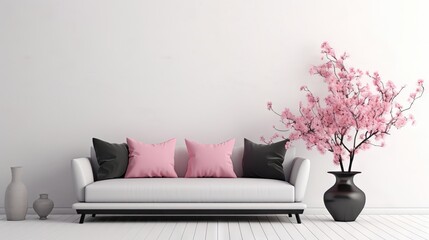 White wall, opulent white sofa, pink and black pillows,pink tree plant,and stylish accents in a modern living room..Mockup concept. 