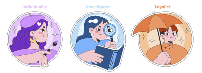 Enneagram type series. Individualist, Investigator, Loyalist characters expressing creativity, curiosity, and trust. Self-awareness and personality assessment theme. Flat vector illustration - obrazy, fototapety, plakaty