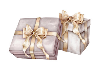 New Year and Happy birthday beige gift boxes with golden bows. Watercolor hand drawing illustration on isolate white background. Realistic element fo design holidays or wedding pastel colors
