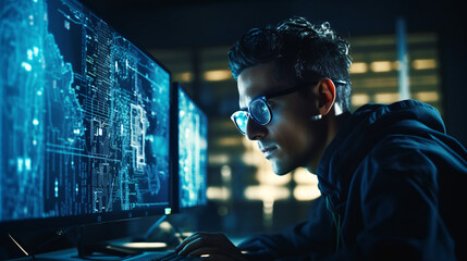 Side view of hacker in glasses using computer in dark room with glowing binary code