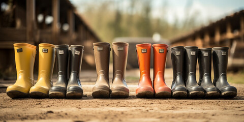 Rain Gear Background Image,Wooden background with gardening elements,A row of rain boots are lined up in a garden.

