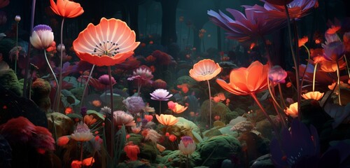 Fototapeta na wymiar Surreal garden of giant, luminous flowers portrayed hyper-realistically, opening and closing with the rhythm of an unseen cosmic heartbeat. Bloom.