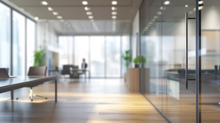 A contemporary office space with glass doors.