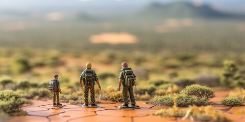 Selective focus. Miniature people : small traveler figures with backpack standing on South Africa Map / Geography of South Africa, exploring on earth background concept - obrazy, fototapety, plakaty