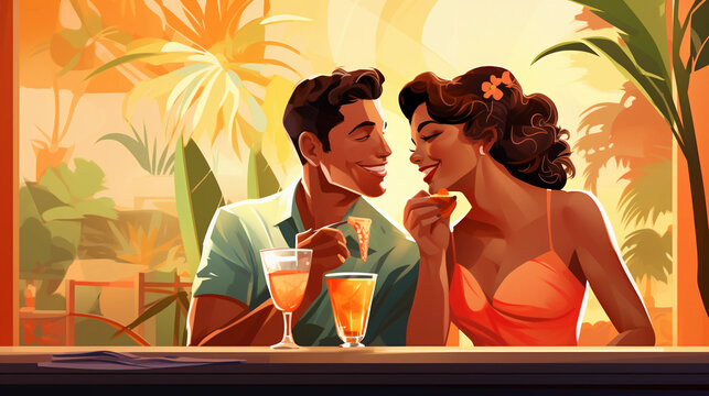Multiethnic couple en una cita se diverten sentados en un cocktails. Couple in love doing vacation have a soft drink in a bar 