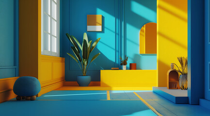 wall color is blue and yellow. Interior and exterior color painting of dark blue and yellow