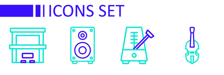 Set line Violin, Metronome with pendulum, Stereo speaker and Piano icon. Vector