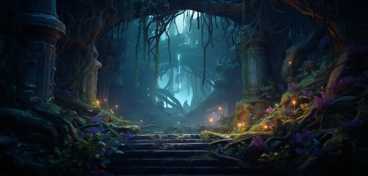 Surreal jungle scene with bioluminescent vines realistically intertwining with ancient stone arches, creating an otherworldly symphony of light. Illumination.