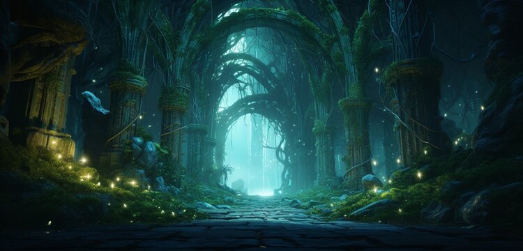 Surreal jungle scene with bioluminescent vines realistically intertwining with ancient stone arches, creating an otherworldly symphony of light. Illumination.