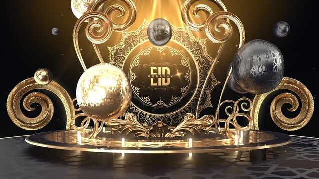 Eid Mubarak logo animation text in gold color with luxury background. Great for video introduction 4K Footage and use as a card for the celebration of Eid Alfitr and Adha in Muslim community