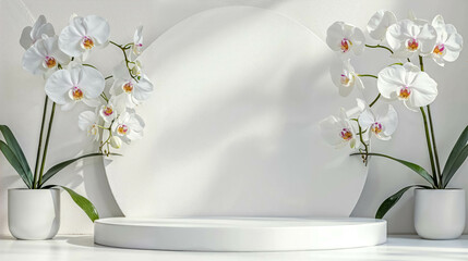 Presentation Products Podium With White Orchids Flowers On The Sides. Product Showcase Ideal for Natural Cosmetic Brand Promotion
