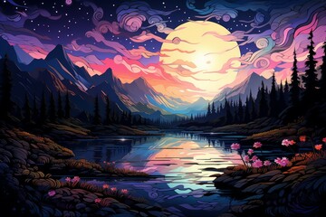 Fototapeta premium Serene twilight lakes - Generative AI