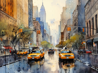 Fototapeta na wymiar New York City street with taxi: watercolor art painting capturing urban landscape, architecture and the vibrant city life 