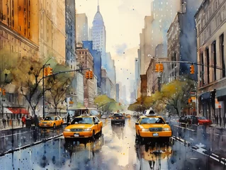 Fototapete Aquarellmalerei Wolkenkratzer New York City street with taxi: watercolor art painting capturing urban landscape, architecture and the vibrant city life 
