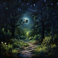 night landscape with trees and moon, tropical forest in the jungle, a tropical garden, tropical jungle and colorful trees