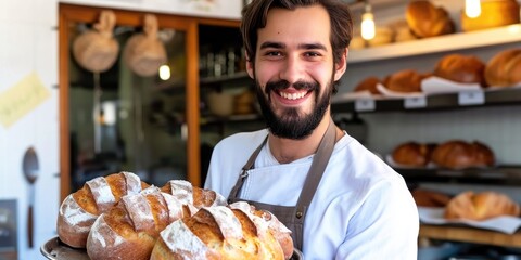 Smiling baker with a tray of fresh bread