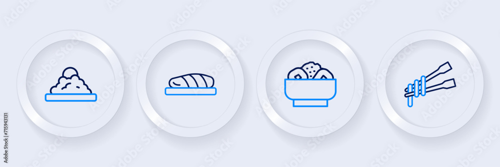 Poster Set line Food chopsticks with noodles, Chow mein on plate, Fish steak and Rice bowl icon. Vector