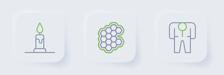 Set line Beekeeper costume, Honeycomb and Burning candle icon. Vector