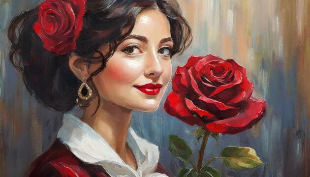 red rose and sexy girl with red lips, richly textured oil painting, valentine hearts