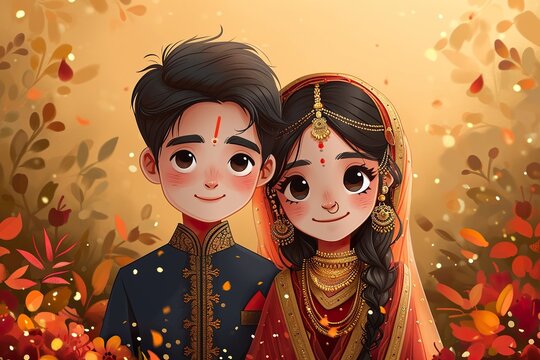 bengali Bride and groom cute couple in traditional indian dress cartoon character