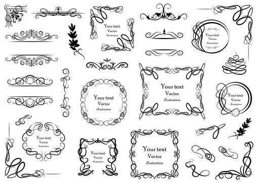 Big set of vector graphic elements for design. Decorative swirls or scrolls, vintage frames , flourishes, labels and dividers. Retro vector illustration