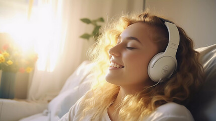 Portrait of a relaxed teenage child listening to music wearing headphones. Happy smiling teen kid having fun listening to songs alone in her bedroom 
