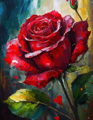 artistic oil painting of red roses., richly textured oil painting, valentine hearts