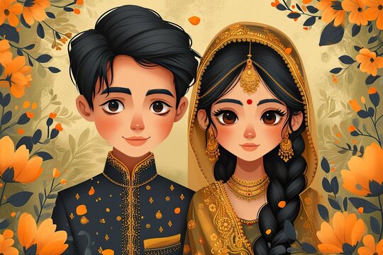 bengali Bride and groom cute couple in traditional indian dress cartoon character