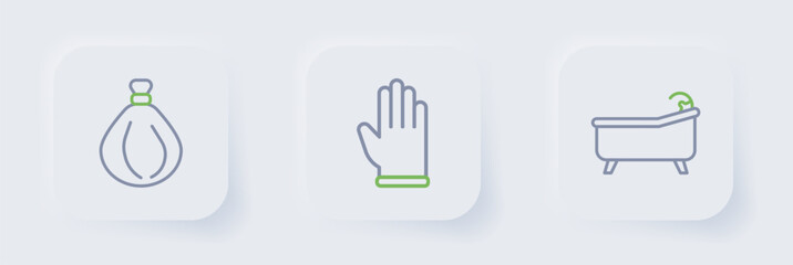 Set line Bathtub, Rubber gloves and Garbage bag icon. Vector