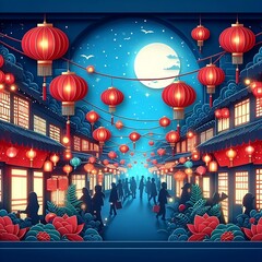 Obraz na płótnie Canvas chinese new year lanterns, Red Lantern Glowing on a Bustling Night Market Street Vector Design Illustration for Background design with space for copy Chinese new year festival generative ai 