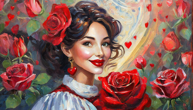 red rose and sexy girl with red lips, richly textured oil painting, valentine hearts
