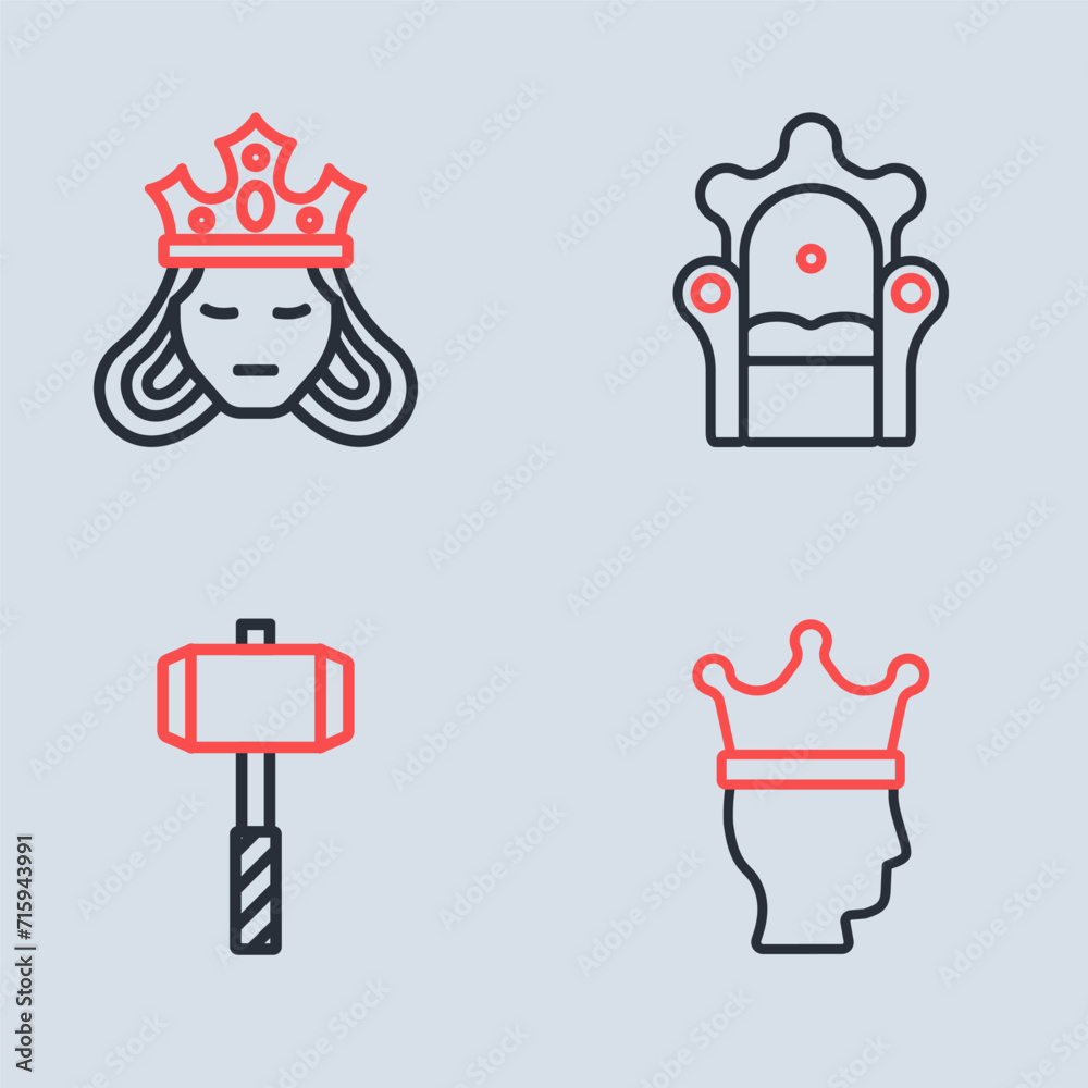 Sticker Set line Medieval throne, Battle hammer, King crown and Princess or queen icon. Vector