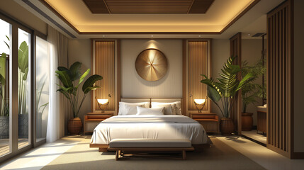 
3d rendering luxury tropical bedroom suite in resort hotel. Amazing interior design. Panoramic view of a beautiful cozy bedroom overlooking the tropical jungle outside.