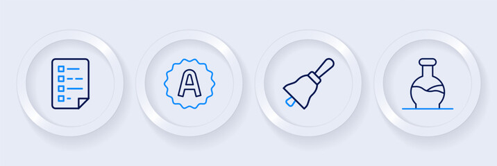 Set line Test tube, Ringing bell, Exam sheet with A plus grade and Clipboard checklist icon. Vector