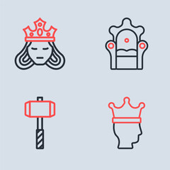 Set line Medieval throne, Battle hammer, King crown and Princess or queen icon. Vector