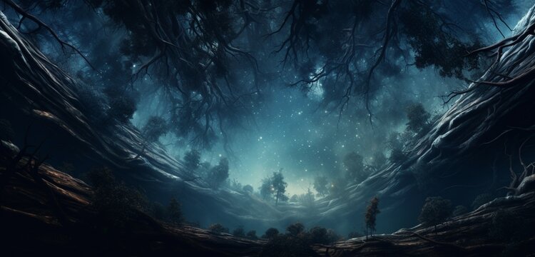Surreal upside-down forest with roots dangling from the sky, portrayed hyper-realistically, creating a mesmerizing landscape against a swirling galaxy. Inversion.