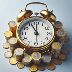time is money concept with coins around the  clock on plain isolated background with space for copy created with generative ai
