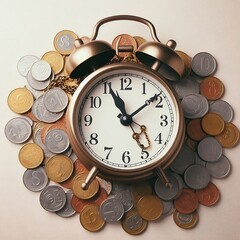 time is money concept with coins around the  clock on plain isolated background with space for copy created with generative ai