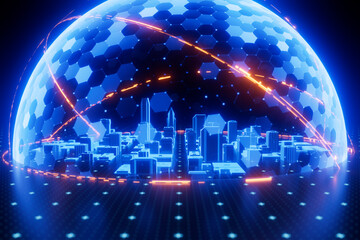 Futuristic city protected by digital dome. Concept of cyber security, smart home, internet security, data security, digital privacy, insurance and personal data protection. - obrazy, fototapety, plakaty