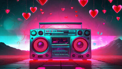Valentine's Day Retro boombox trendy style. Colorful illustration