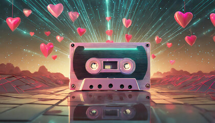 Abstract Valentine's Day card with retro 80s styled landscape and cassette flying through glowing neon hearts in retrowave or synthwave futuristic style