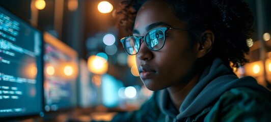 Close-up of female programmer coding, developing new software, managing cybersecurity project. Young African American woman working on computer. Lines of code language reflecting on her glasses.
